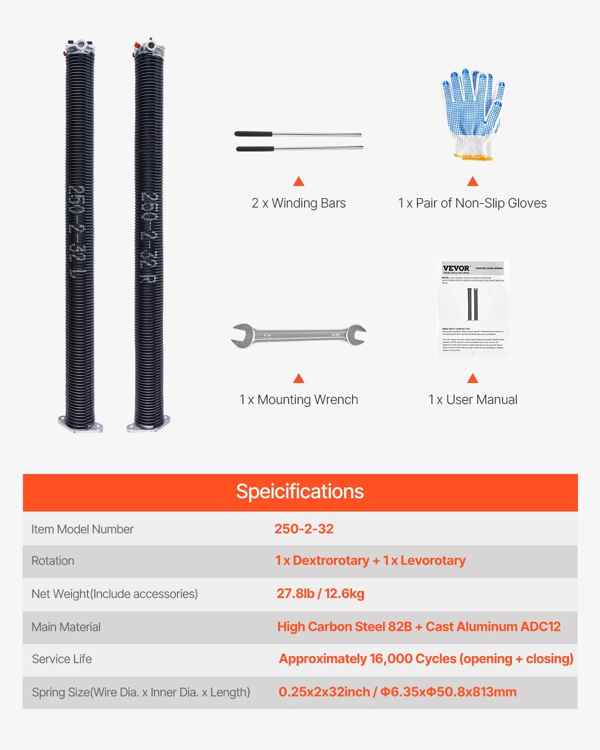 Garage Door Torsion Springs Pair 16000 Cycles Electrophoresis Black Coated for Replacement Garage Door Springs
