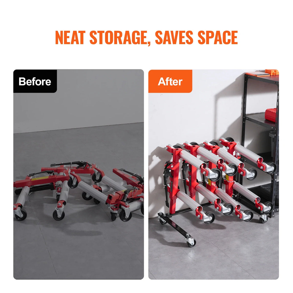 Car Dolly Rack, Storage Rack with 360° Rotatable Wheels, Hydraulic Ratchet Trolley Jack Stand Organizer,4-Dolly Capacity