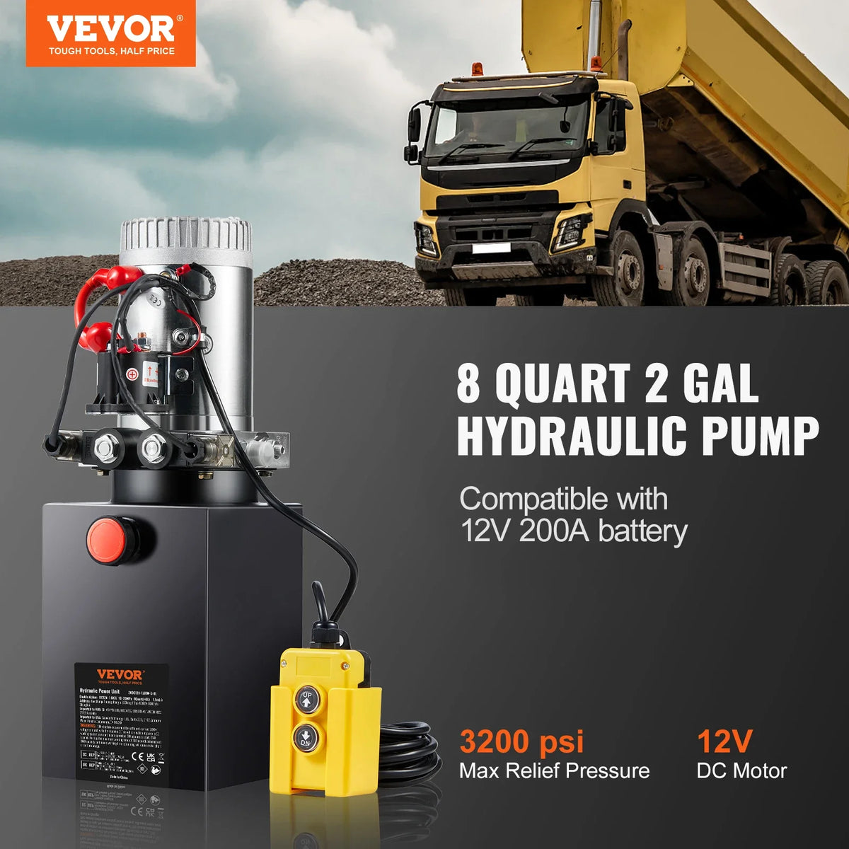 Hydraulic Pump 8 Quart Hydraulic Power Unit Double Acting Dump Trailer Pump 3200 PSI Max Relief Pressure Car Lifting