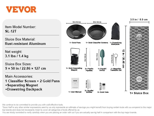 50" 12" Complete Sluice Box Gold Panning Kit Aluminum Alloy Gold Mining Equipment 23/16 PCS Gold Prospecting Kit