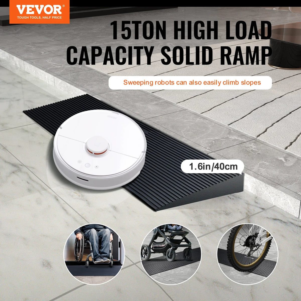 1.6In Rise Cuttable Threshold Ramp for Sweeping Robot,35.4" Wide Natural Rubber Wheelchair Ramp,Non-Slip Solid Rubber Ramp