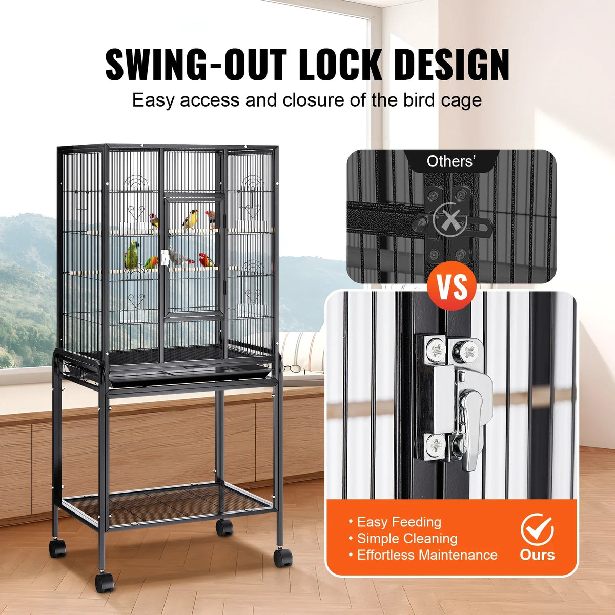 52/54inch Standing Large Bird Cage, Wrought Iron Flight Bird Cage for Cockatiels ,Parrots, Macaw w/Rolling Stand and Tray