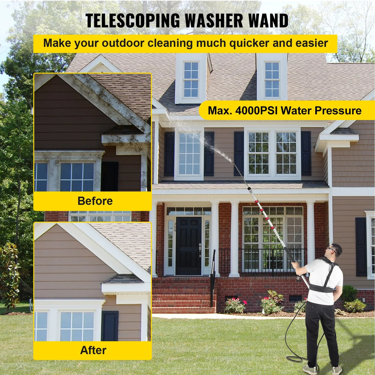 Telescoping Pressure Washer Wand 20FT 5-Section Length Adjustable Pressure Washer Fit 3/8"&1/4" Connection for Roof/Gutter