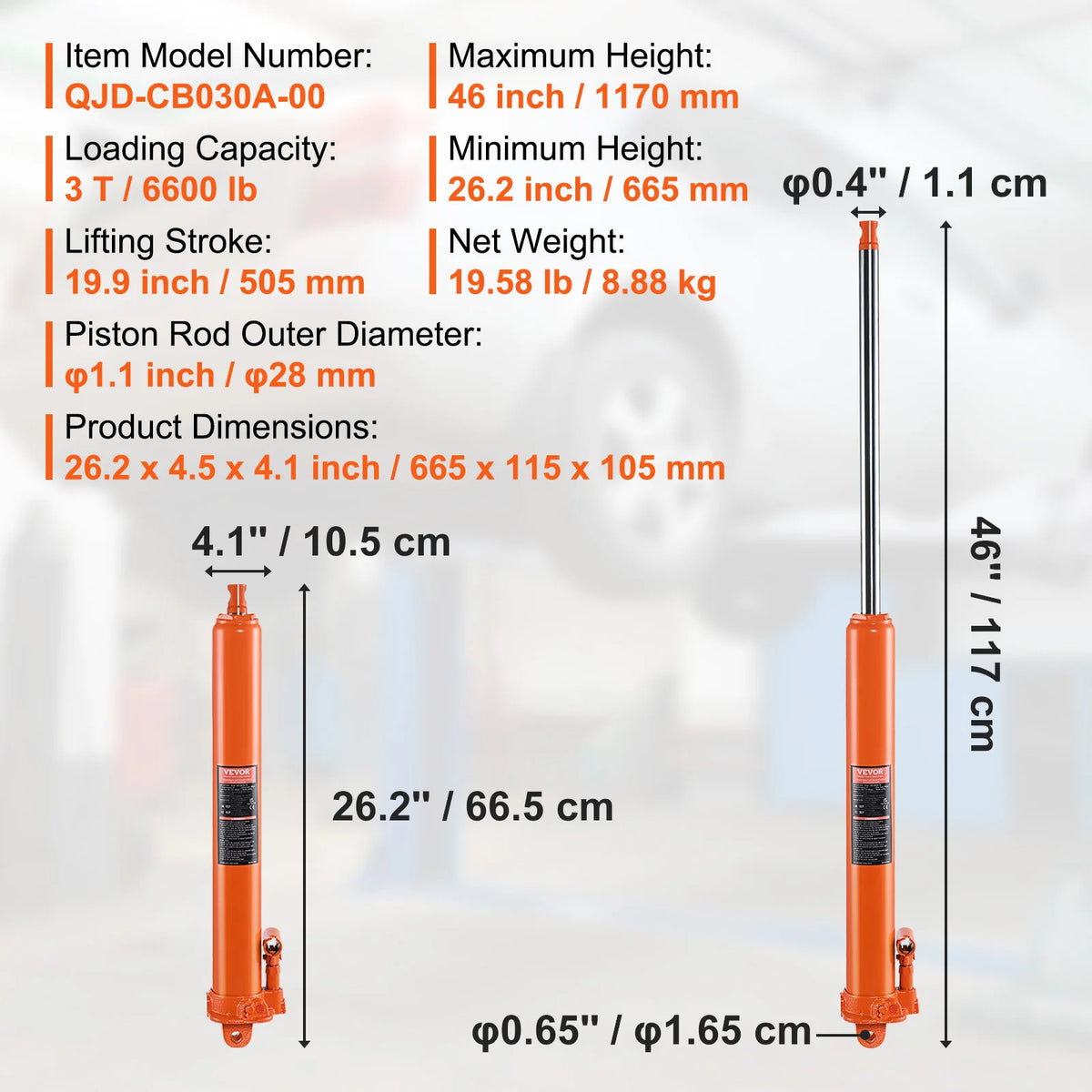 Hydraulic Long Ram Jack 3/8 Ton Engine Hoist Cylinder with Single Piston Pump And Clevis Base Hydraulic Ram Cylinder