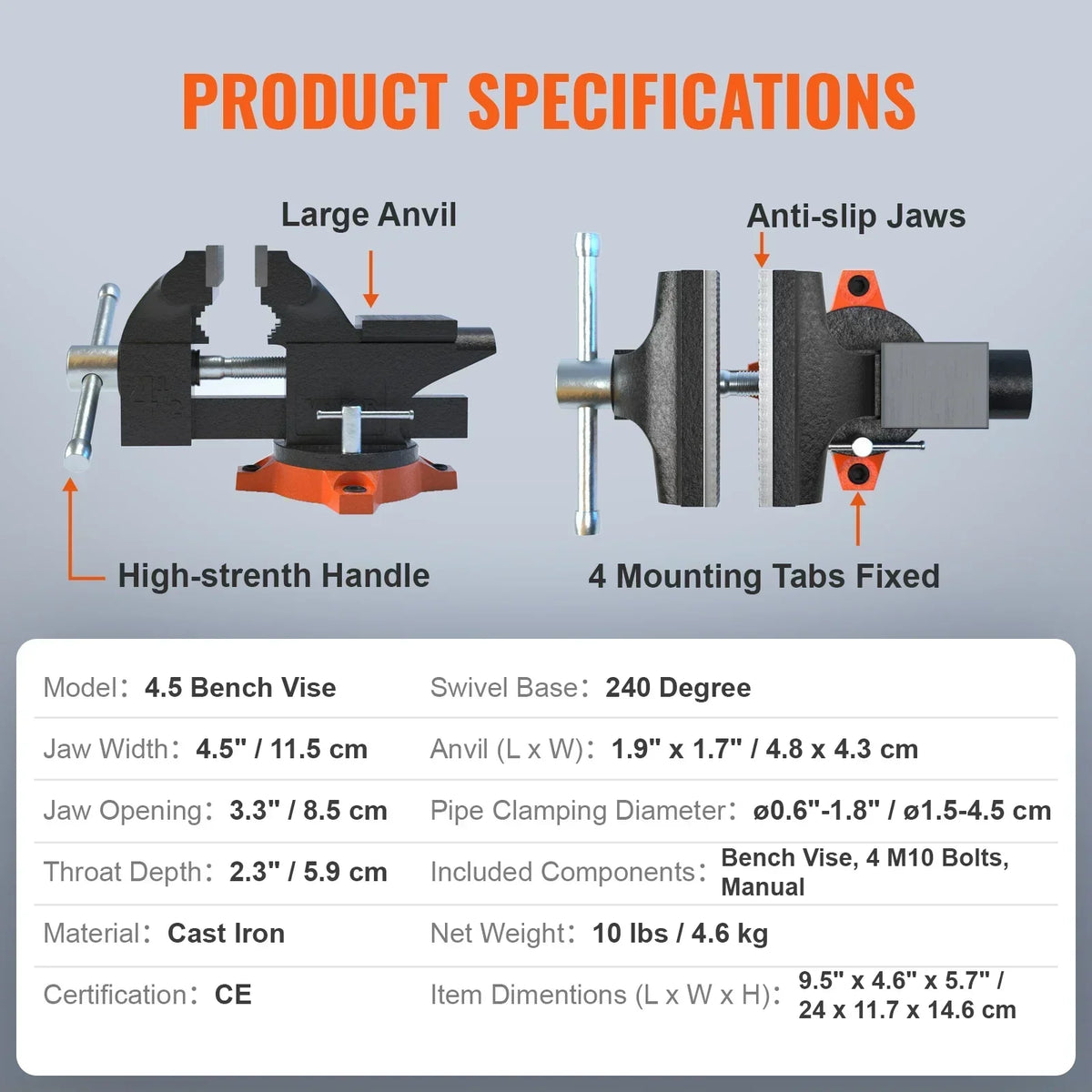 Bench Vise 4.5" 6" 6.5" Multipurpose with Swivel Base & Anvil Heavy Duty Cast Iron for Drilling, Conduit Cutting, Sanding