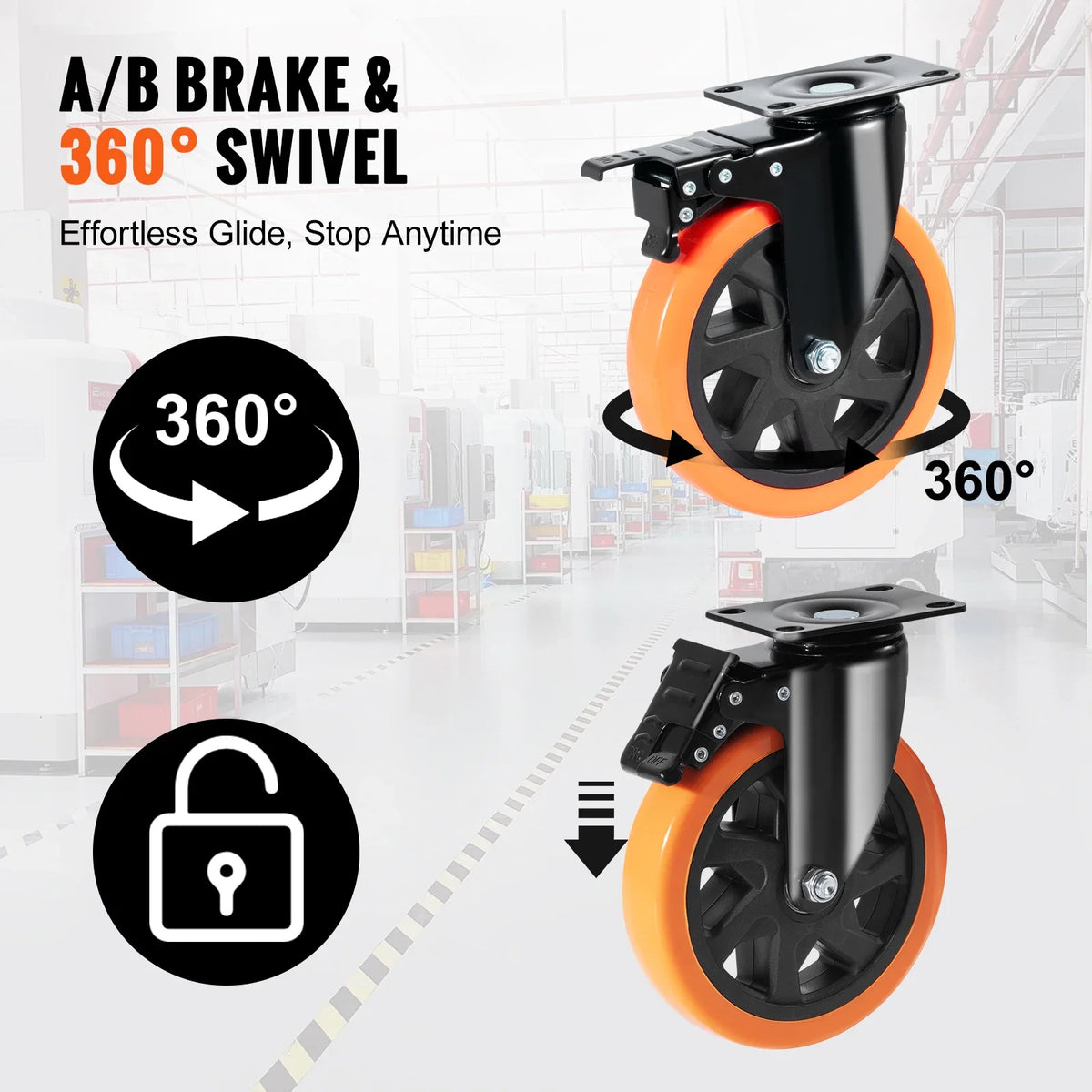 2/3/4/5/6-inch Swivel Plate Casters Set of 4 with Security Dual Locking PVC Caster Wheels for Cart Furniture Workbench