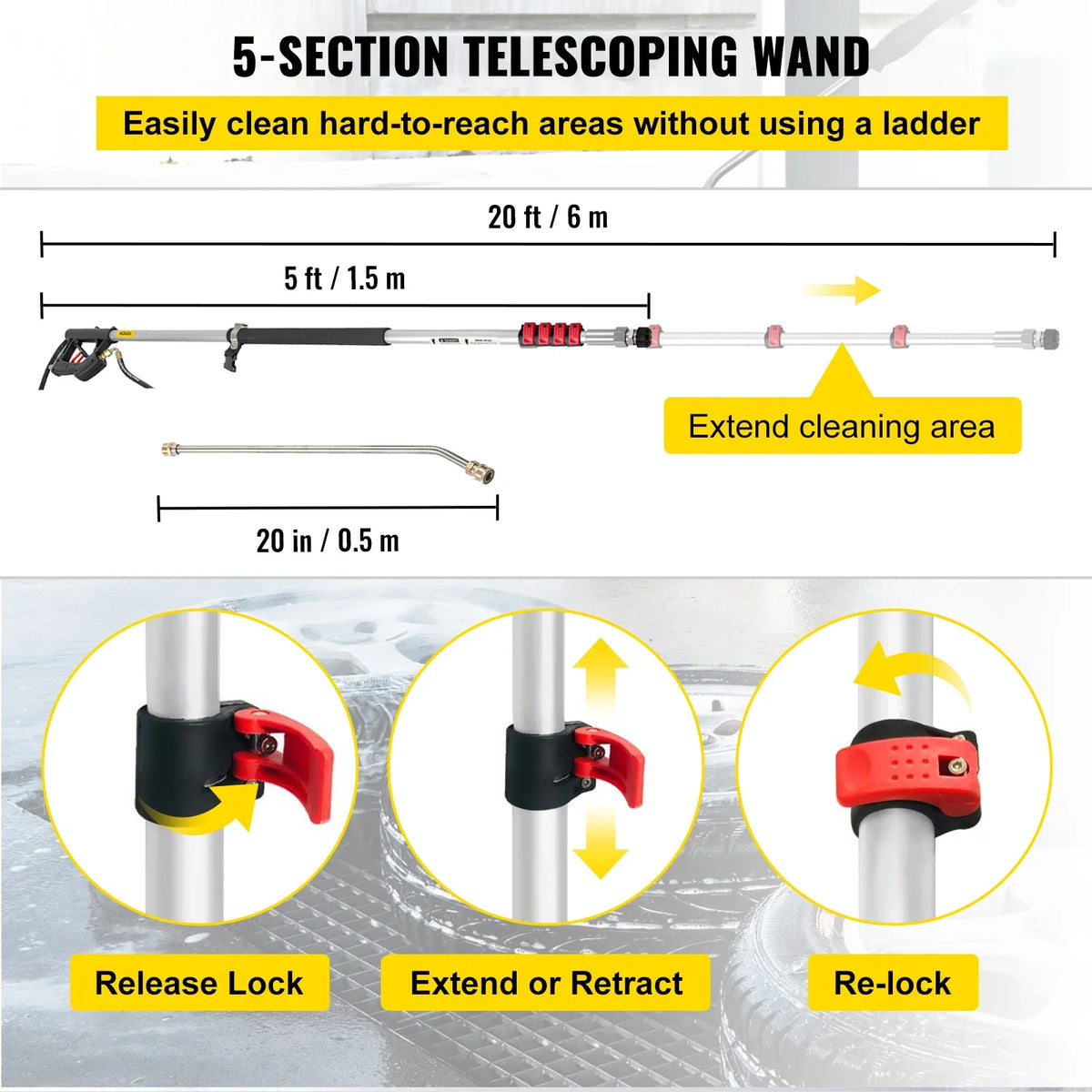 Telescoping Pressure Washer Wand 20FT 5-Section Length Adjustable Pressure Washer Fit 3/8"&1/4" Connection for Roof/Gutter