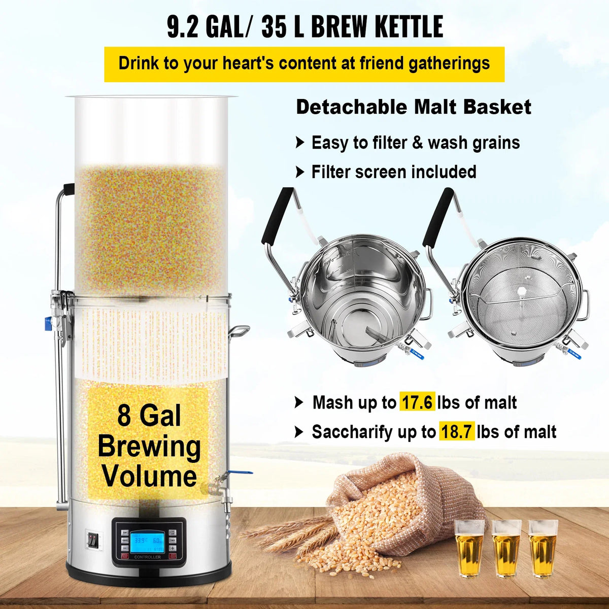Electric Brewing System, 9.2 Gal/35 L Brewing Pot, All-in-One Home Beer Brewer Kit w/Pump, w/Auto/Manual Mode Panel