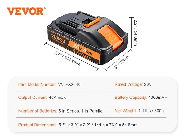 20V 4.0Ah Lithium-Ion Battery High-Capacity Replacement Battery Pack for Power Tools Batteries, Compatible w/20V Cordless