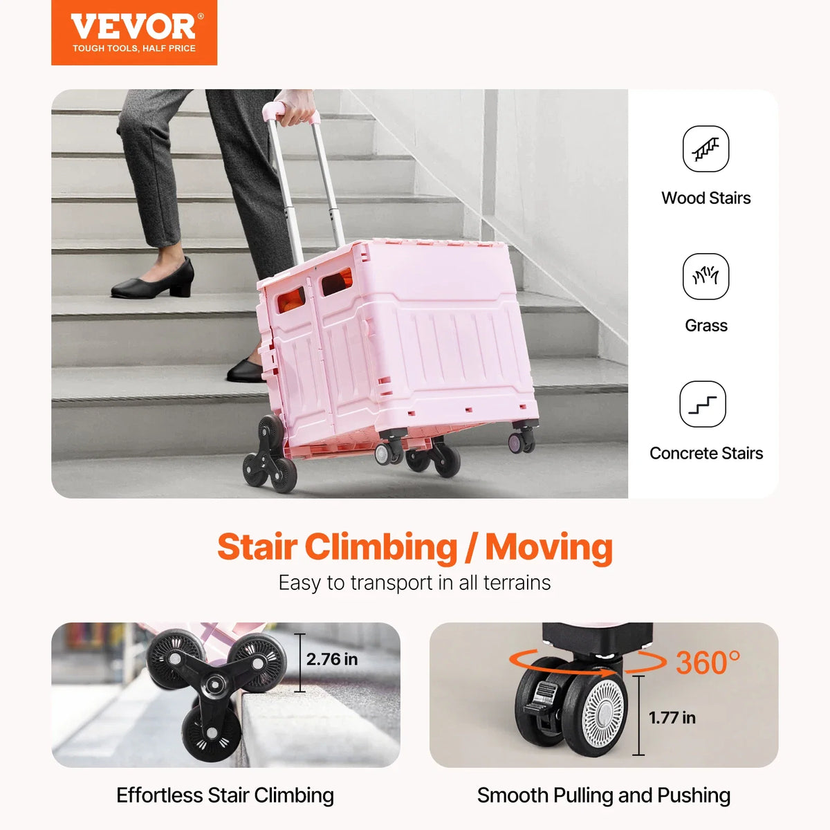 150lbs Stair Climbing Cart 65L Foldable Utility Hand Cart with Wheels Collapsible Crate Rolling Cart for Shopping Office