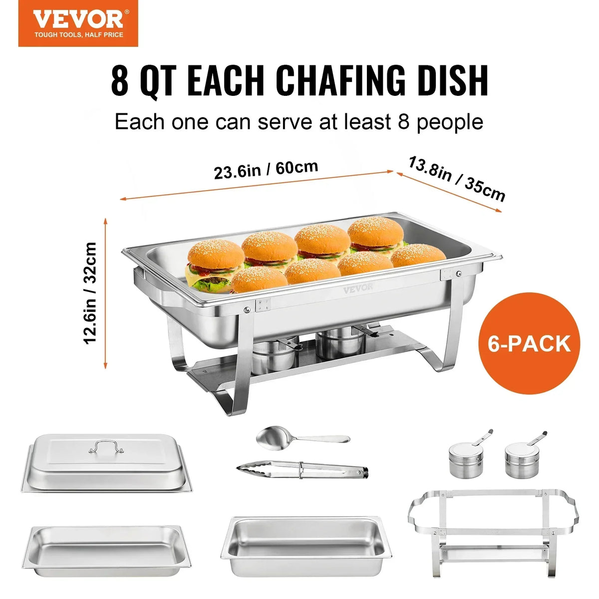 8QT Rectangle Chafing Dish 2/4/6 Packs with Full Size Pans, Folding Stand/Fuel Holder/Tray for Buffet Catering Warmer
