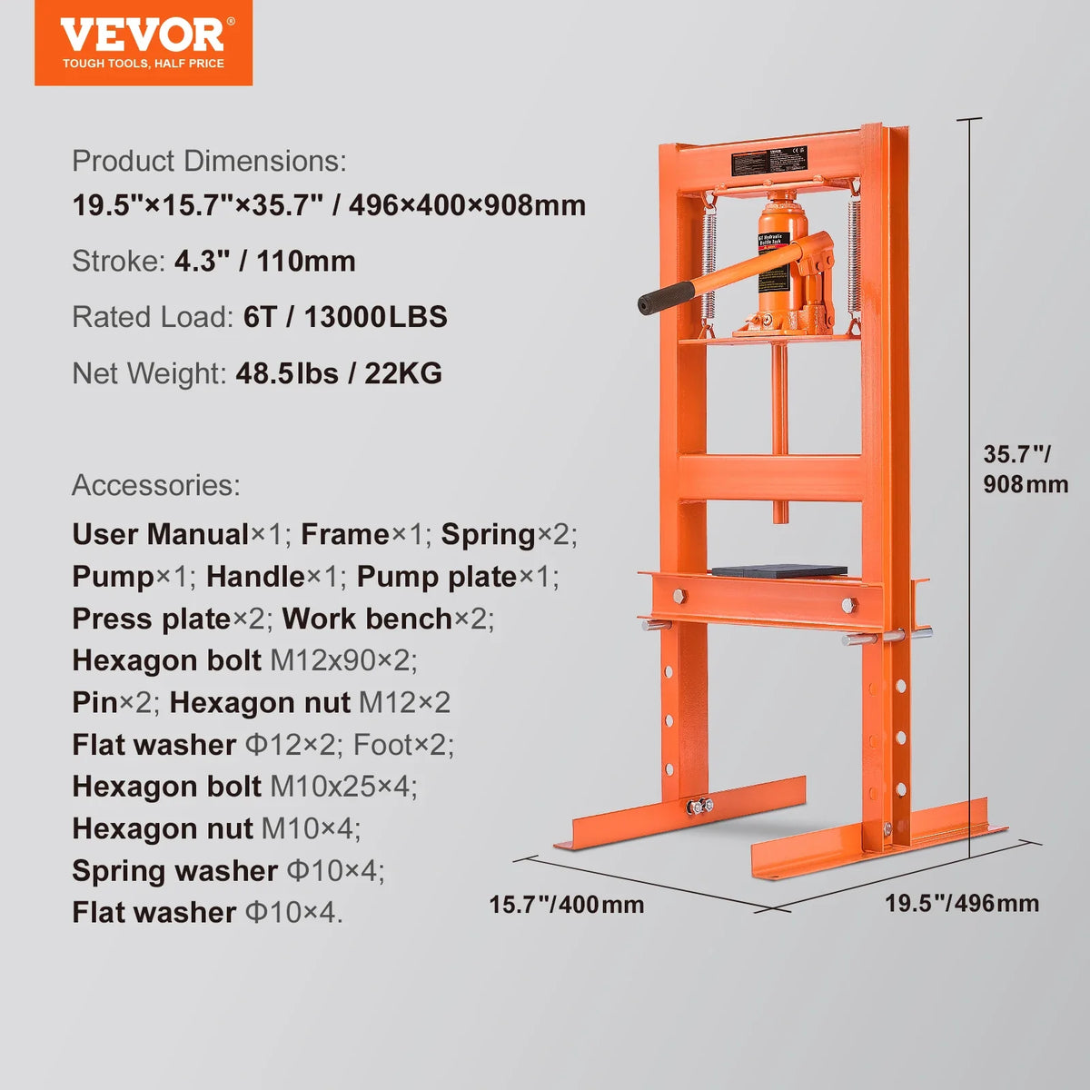 Hydraulic Shop Press, 6/12 Ton H-Frame Hydraulic Garage/Shop Floor Press, Adjustable Shop Press with Press Plates