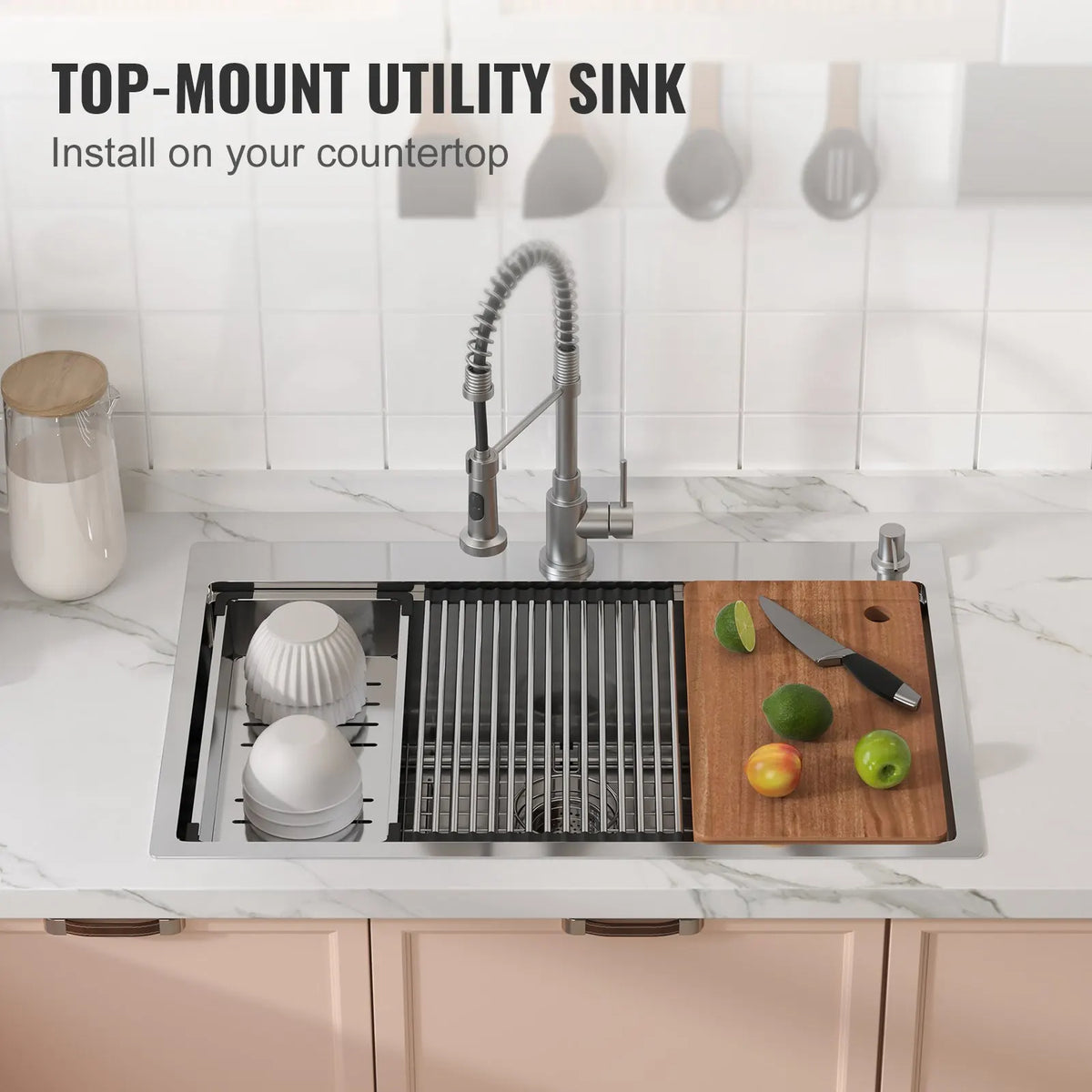Kitchen Sink 304 Stainless Steel Drop-In Sinks,Top Mount Single Bowl Basin Household Dishwasher Sinks for RV Prep Kitchen