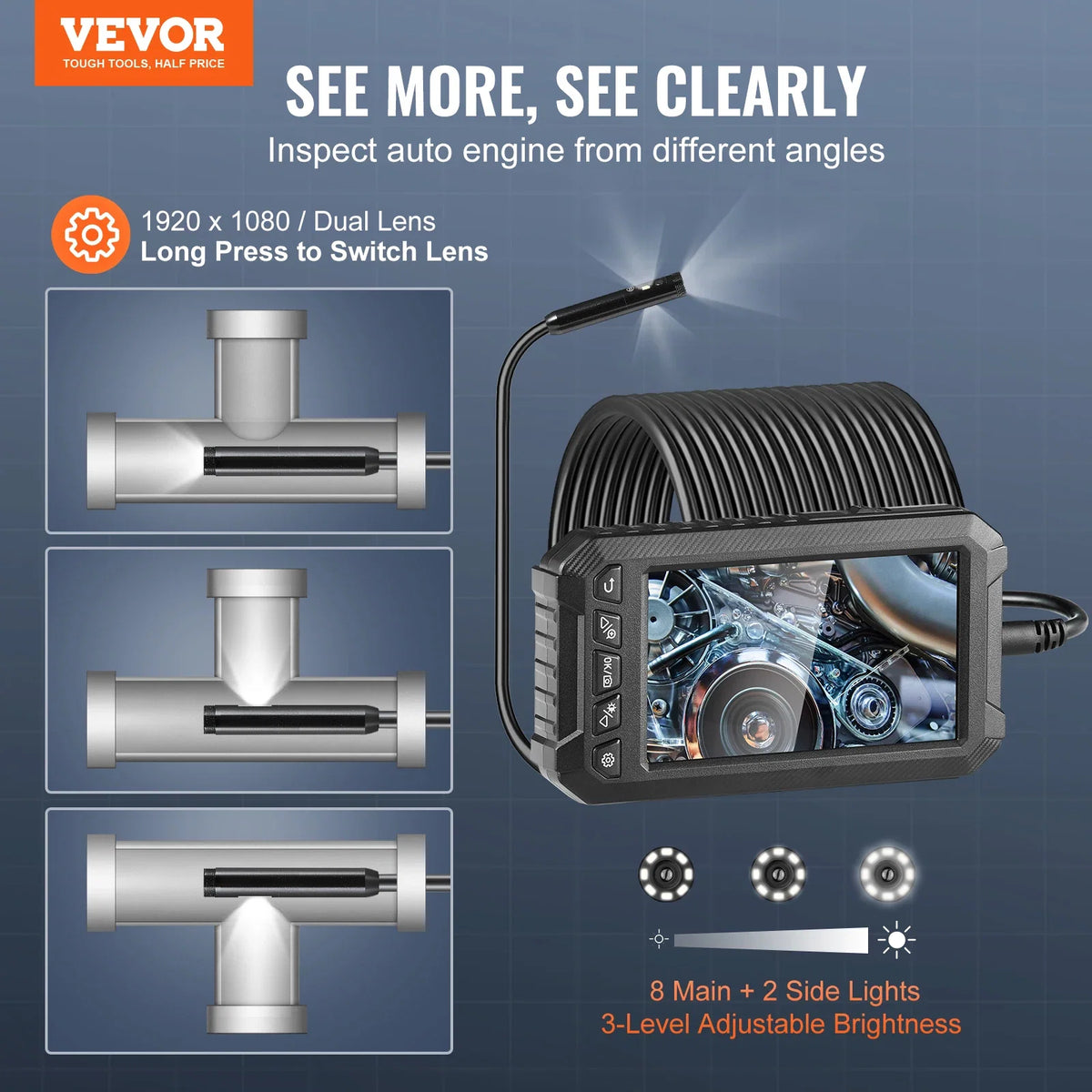 Endoscope Camera Light Triple Lens Borescope  49.2FT Semi-Rigid Cable 5" Screen 1080P Inspection Camera for Auto Plumbing