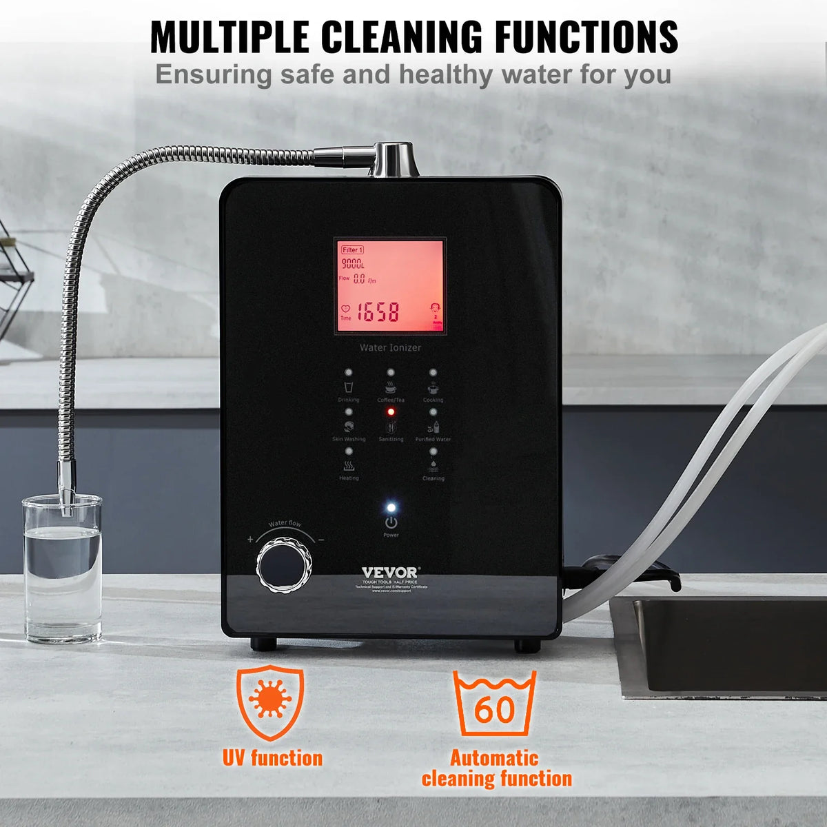 Alkaline Water Ionizer Machine, pH 3-11.2 Alkaline Acidic Hydrogen Water Purifier, 6 Water Settings Home Filtration System