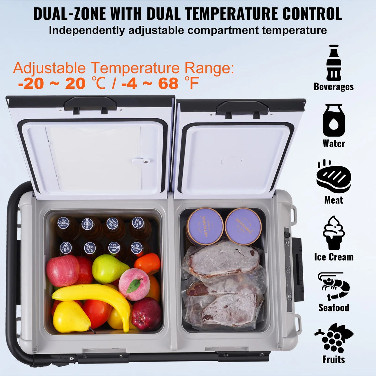 50L Car Refrigerator, 12V Car Fridge,Dual Zone Portable Freezer, -4℉-68℉ Adjustable, Compressor Cooler for Home, Outdoor