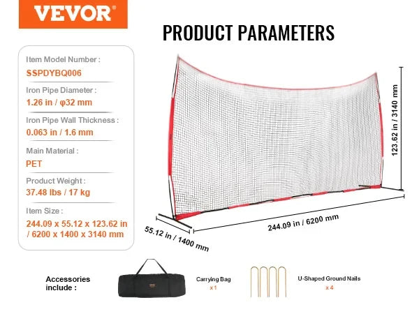 Barricade Backstop Net Ball Sport Barrier Netting Portable Practice Equipment with Carry Bag Protect Screen for Training
