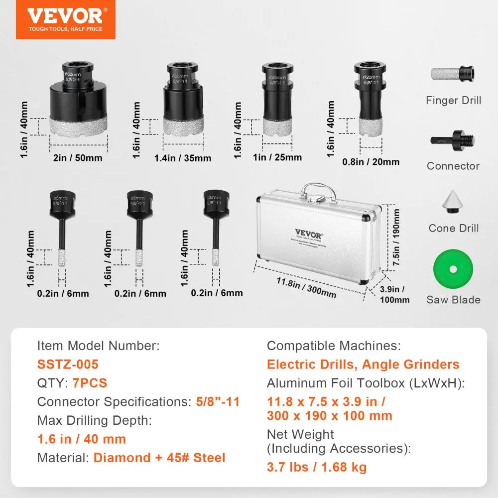 Diamond Core Drill Bit Set, 6/7/8/11PCS Diamond Hole Saw Kit, with 5/8"-11 Connector and Storage Case, for Dry and Wet