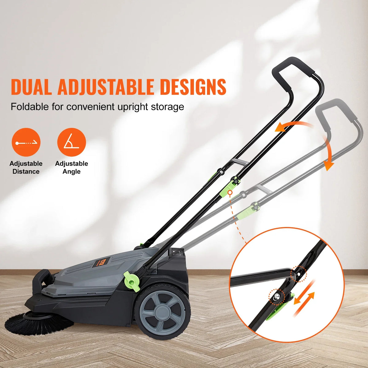 Walk-behind Hand Push Floor Sweeper 25.6" Sweeping Width Floor Sweeper 5-Gallon Waste Container Angle & Height Adjustable