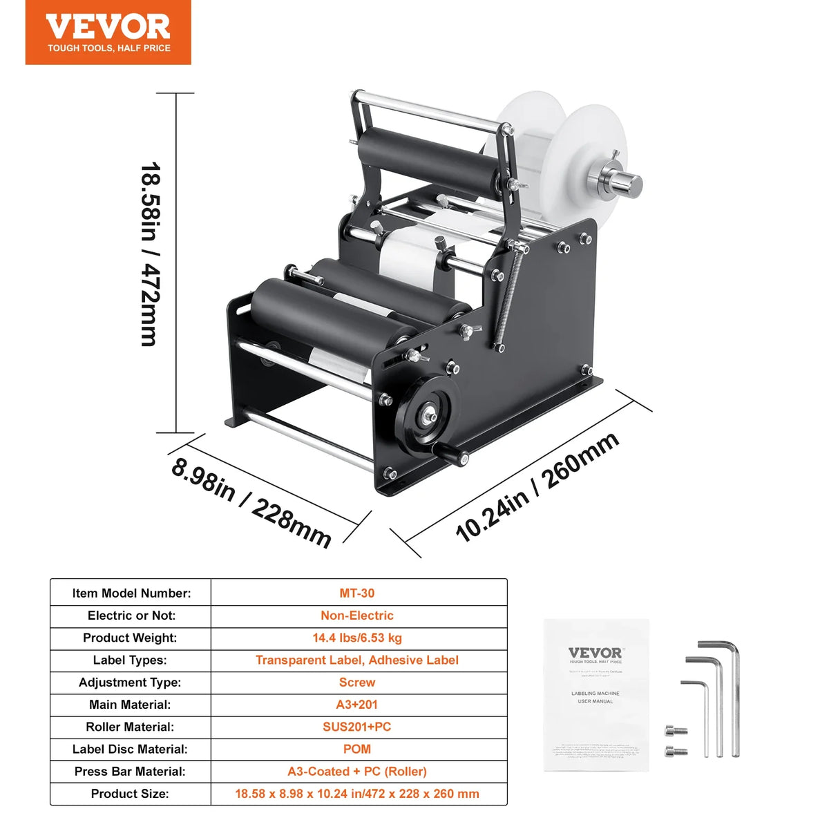 Manual Round Bottle Labeling Machine 15-20pcs/min Adjustable Labeler for Bottles Diameter 0.78-4.72 in (with Pressing Bar)