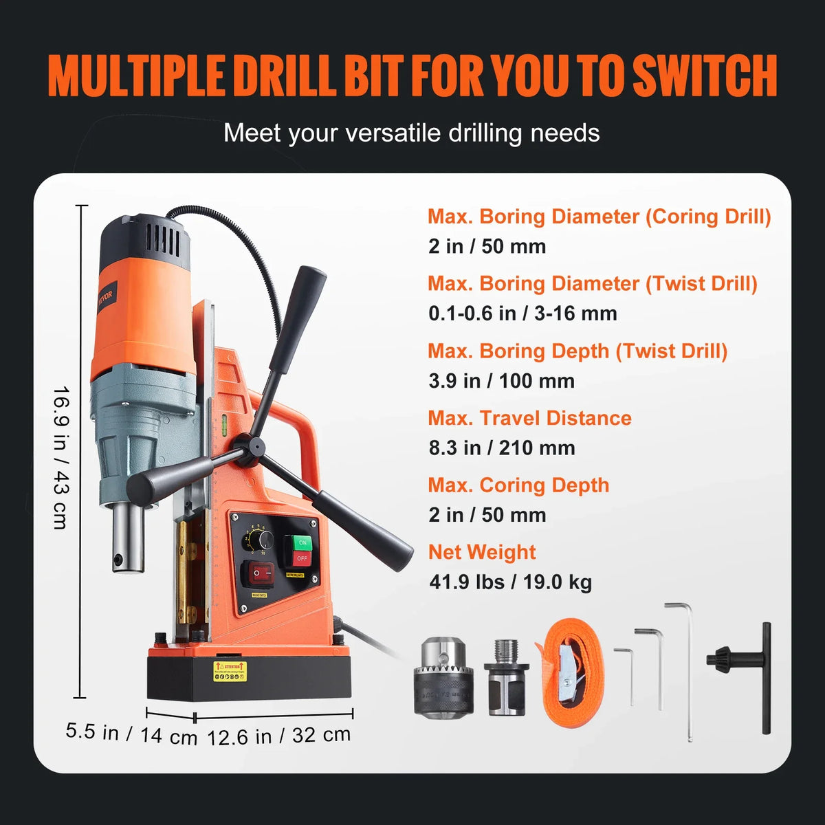 Magnetic Drill,1550W 2" Boring Diameter,13000N 500 RPM Portable Electric Mag Drill Press w/Variable Speed,Drilling Machine