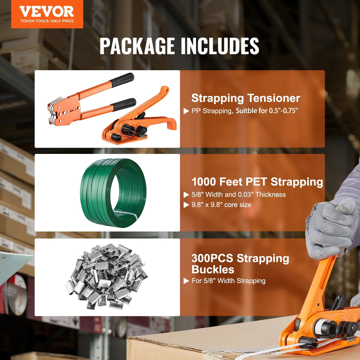 Manual Plastic Strapping Banding Machine Packing Strap Baler with Tension Tool Packer 1000ft PET Band 300 Metal Seals Kit
