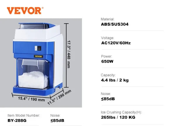 Commercial Ice Shaver Crusher, 265lbs Per Hour Electric Snow Cone Maker w/4.4lbs Ice Box, 650W Tabletop Shaved Ice Machine