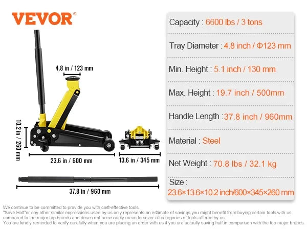 Floor Jack, 2.5/3/4 Ton Low Profile Floor Jack, Heavy-duty Steel Racing Floor Jack , Floor Jack Lifting Range 3.64"-19.49"