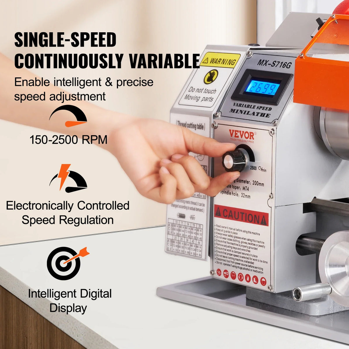 Metal Lathe, 7'' x 16'', 800W, Precision Desktop Metalworking Lathe, Variable Speed 150-2500 RPM,w/3-jaw Chuck & Tool Box