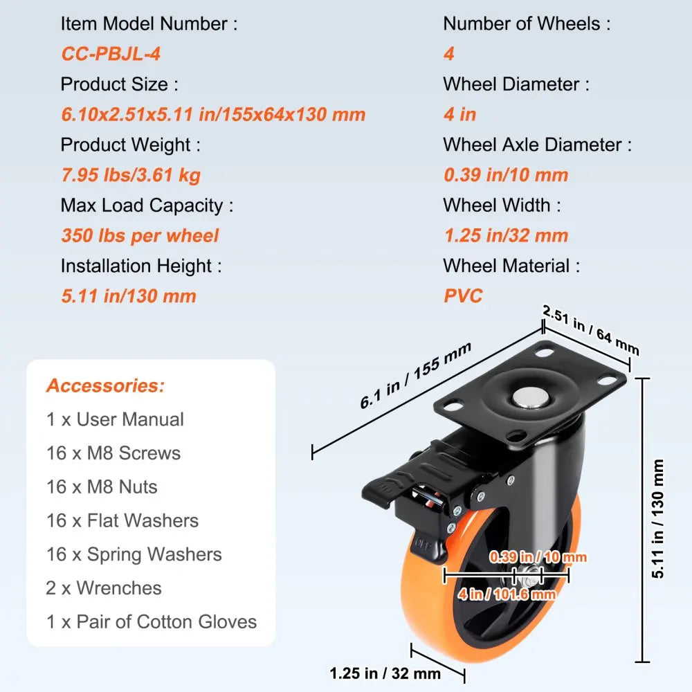 2/3/4/5/6-inch Swivel Plate Casters Set of 4 with Security Dual Locking PVC Caster Wheels for Cart Furniture Workbench