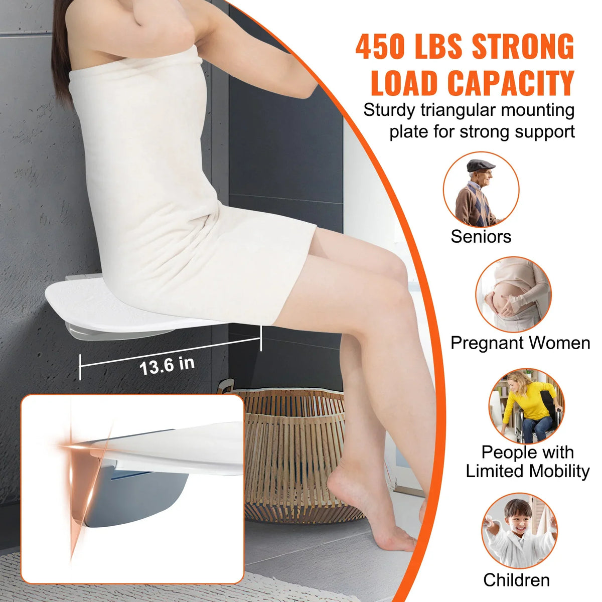 Folding ABS Shower Seat  13.6''x12.8'' Unfolded Wall Mounted Fold Up Shower Bench with 440 lbs Load Capacity Shower Chair