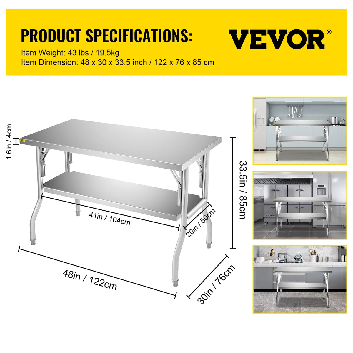 Commercial Worktable Workstation 48 x 24 Inch Folding Prep Table, Heavy-duty Stainless Steel Folding Table w/ 772 lbs Load