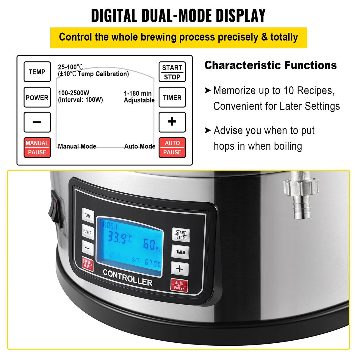Electric Brewing System, 9.2 Gal/35 L Brewing Pot, All-in-One Home Beer Brewer Kit w/Pump, w/Auto/Manual Mode Panel