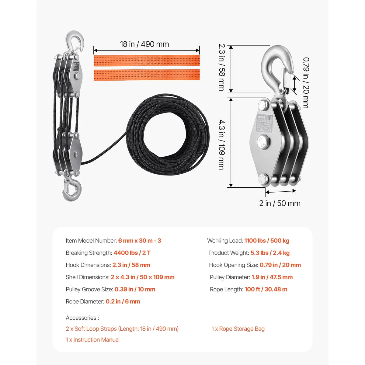 4400Lbs Pulley Hoist System 5:1 Lifting Power with 2 Soft Loops & 100ft Rope Block Tackle for Garage Lifting Heavy Objects
