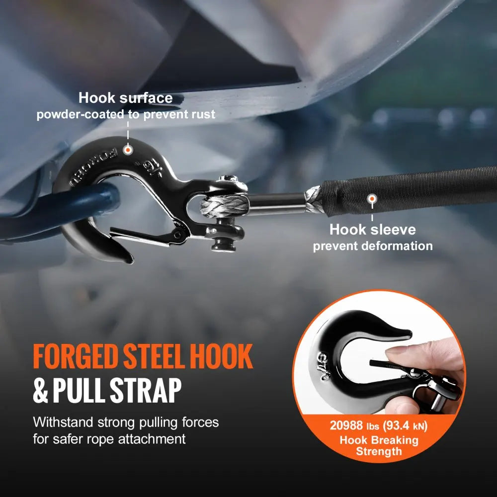 Synthetic Winch Rope  Synthetic Winch Line Cable Rope with Protective Sleeve + Forged Winch Hook + Pull Strap