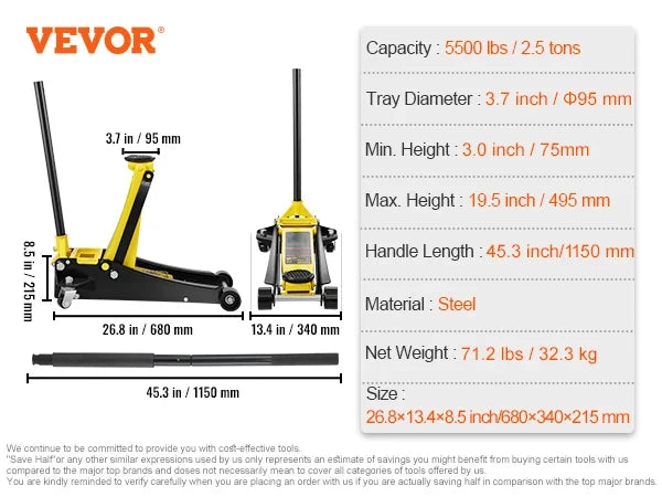 Floor Jack, 2.5/3/4 Ton Low Profile Floor Jack, Heavy-duty Steel Racing Floor Jack , Floor Jack Lifting Range 3.64"-19.49"