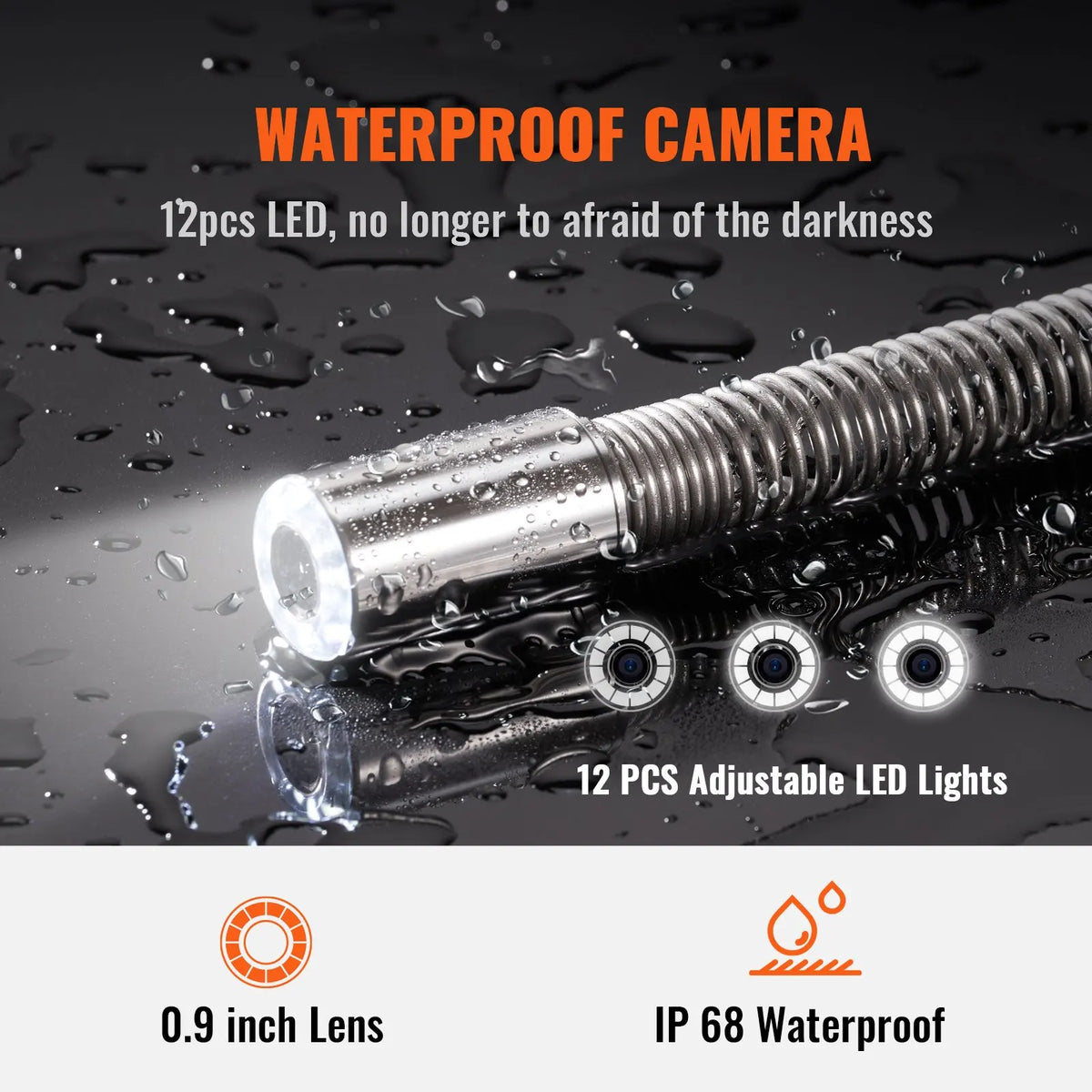 Sewer Camera w/512Hz Locator, 164ft/50m, 9" IP68 Probe, DVR & 12 LEDs, 16GB SD Card - Drain/Pipe/Home Plumbing Inspection