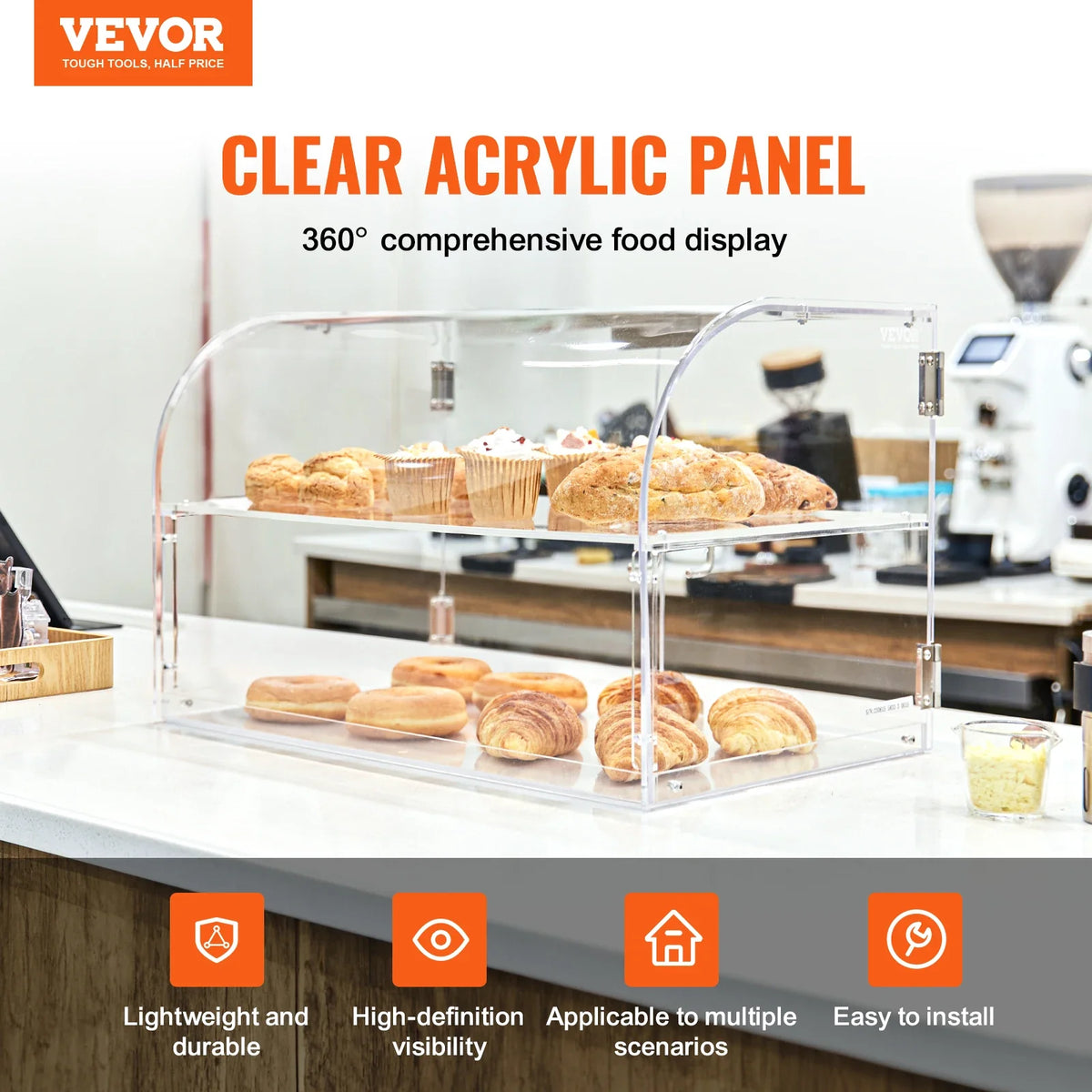 2/3 Tray Clear Pastry Display Case Acrylic Commercial Countertop Bakery Display Case with Front and Rear Door for Bread