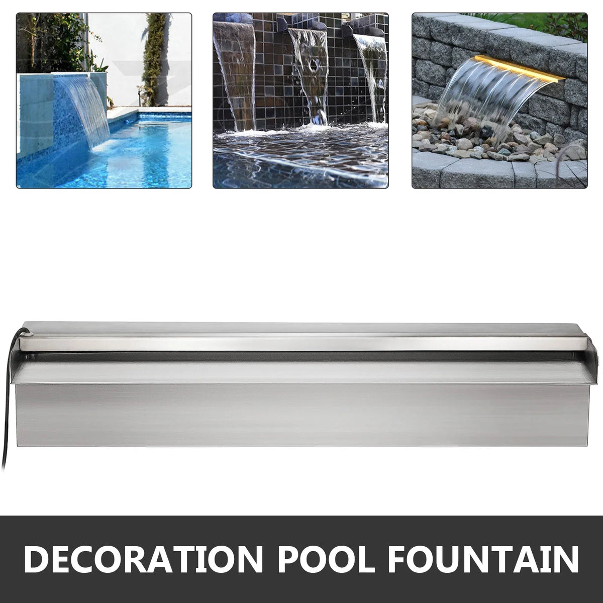 Pool Fountain Swimming Waterfall Rectangular Pool Fountains with LED Strip Light Stainless Steel Pond Waterfall Cascade