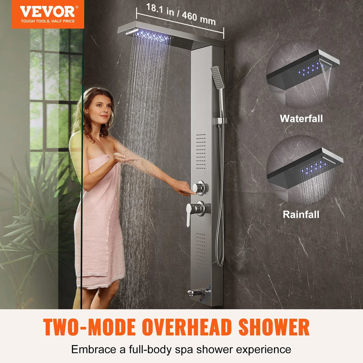 LED Shower Panel System Bathroom Waterfall Rain Shower Stainless Steel Wall-Mounted Shower Set W/Body Massage Jets 5 Modes