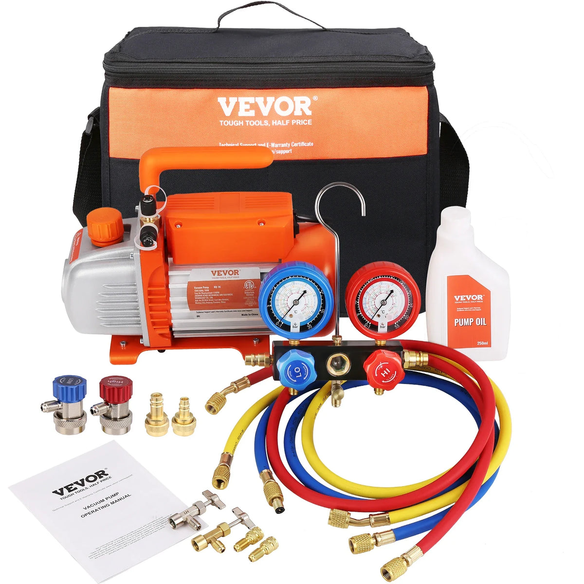 3.5/4.5CFM Single Stage Rotary Vane HVAC Air AC Vacuum Pump & A/C Refrigerant Kit Manifold Gauge Set for Air Conditioning