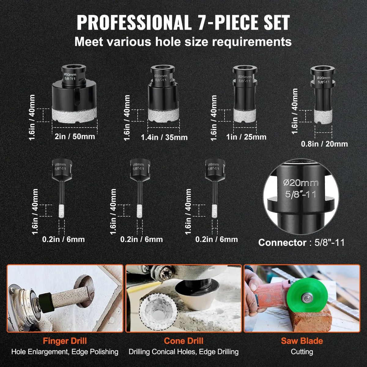 Diamond Core Drill Bit Set, 6/7/8/11PCS Diamond Hole Saw Kit, with 5/8"-11 Connector and Storage Case, for Dry and Wet