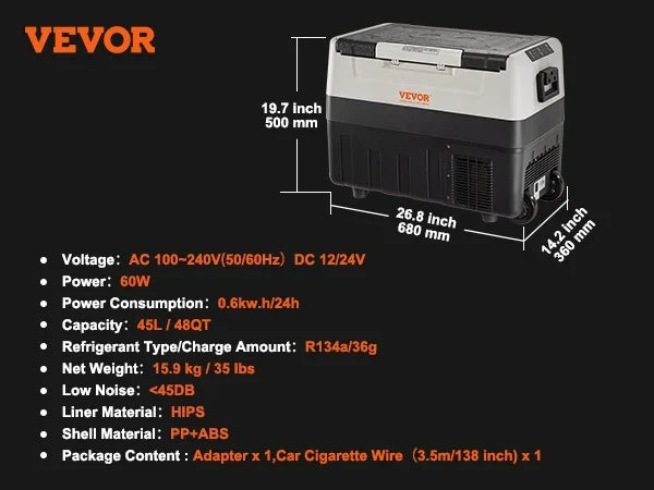 Car Refrigerator, 45 L Dual Zone Portable Freezer, -4℉-50℉ Adjustable Range, 12/24V DC and 100-240V AC Compressor Cooler