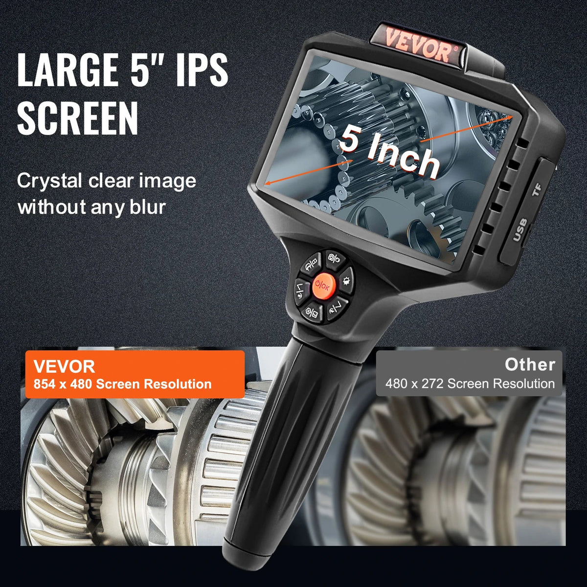 Triple Lens Borescope 5" IPS Screen Inspection Camera with Lights 8X Zoom 1080P HD Split Screen for AutomotivePlumbing