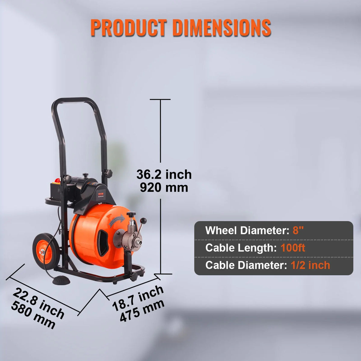 Drain Cleaning Machine 100FT x 3/8in,1/2in, 3/4in Sewer Snake Machine Auto Feed with 4 Cutter Air-activated Foot Switch