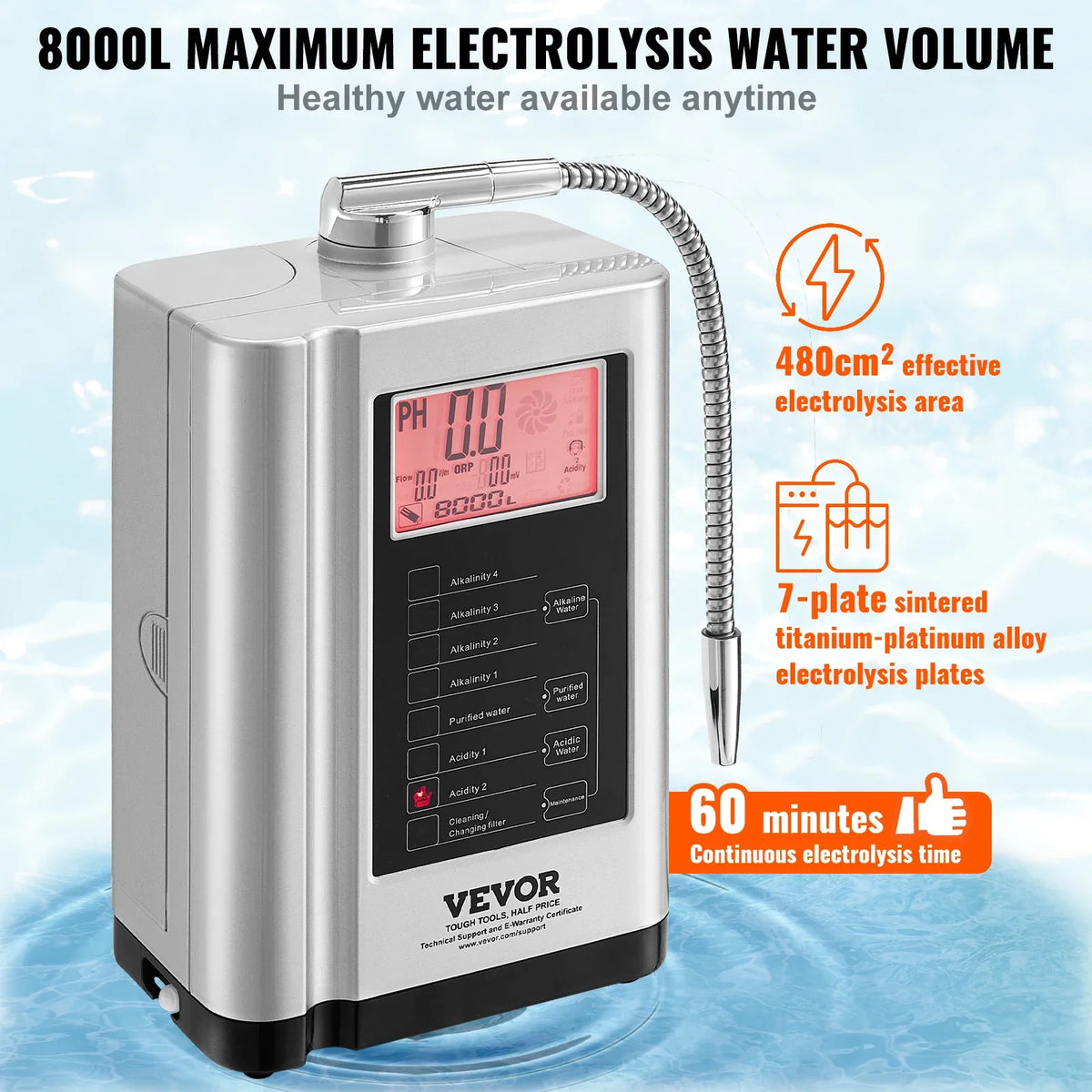 Alkaline Water Ionizer Machine, pH 3.5-10.5 Alkaline Acidic Hydrogen Water Purifier,  Up to -650mV ORP, 8000L Per Filter