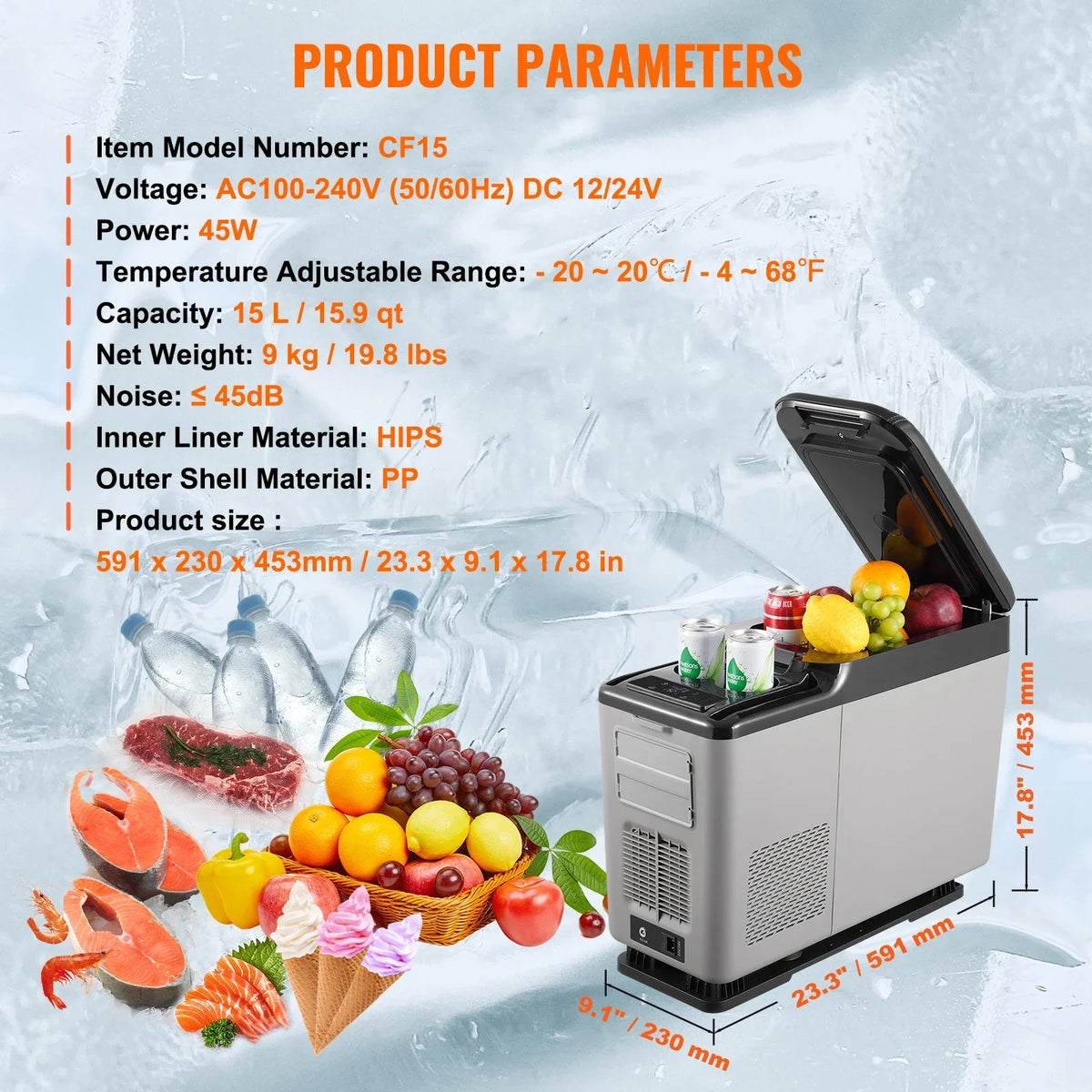 15L Car RefrigeratorCar Armrest Refrigerator Fridge Single Zone Freezer -4℉-68℉ Adjustable Range 12/24V DC and Cooler