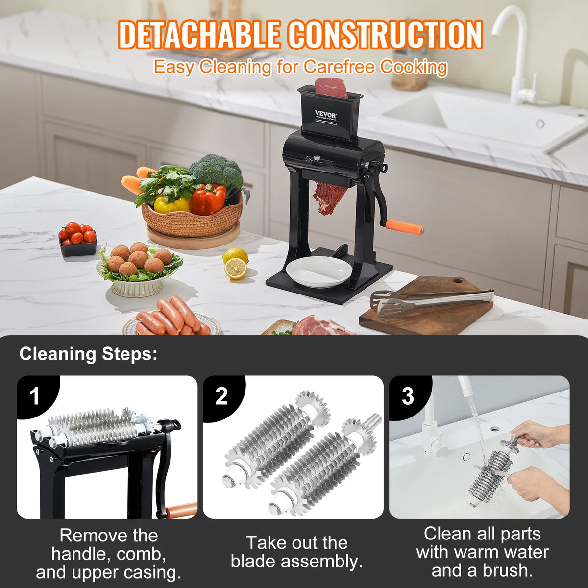 Commercial Stainless Steel Meat Tenderizer, Quick and Easy Manual Operation Kitchen Tool, 5.8" Feed Port for Beef, Turkey
