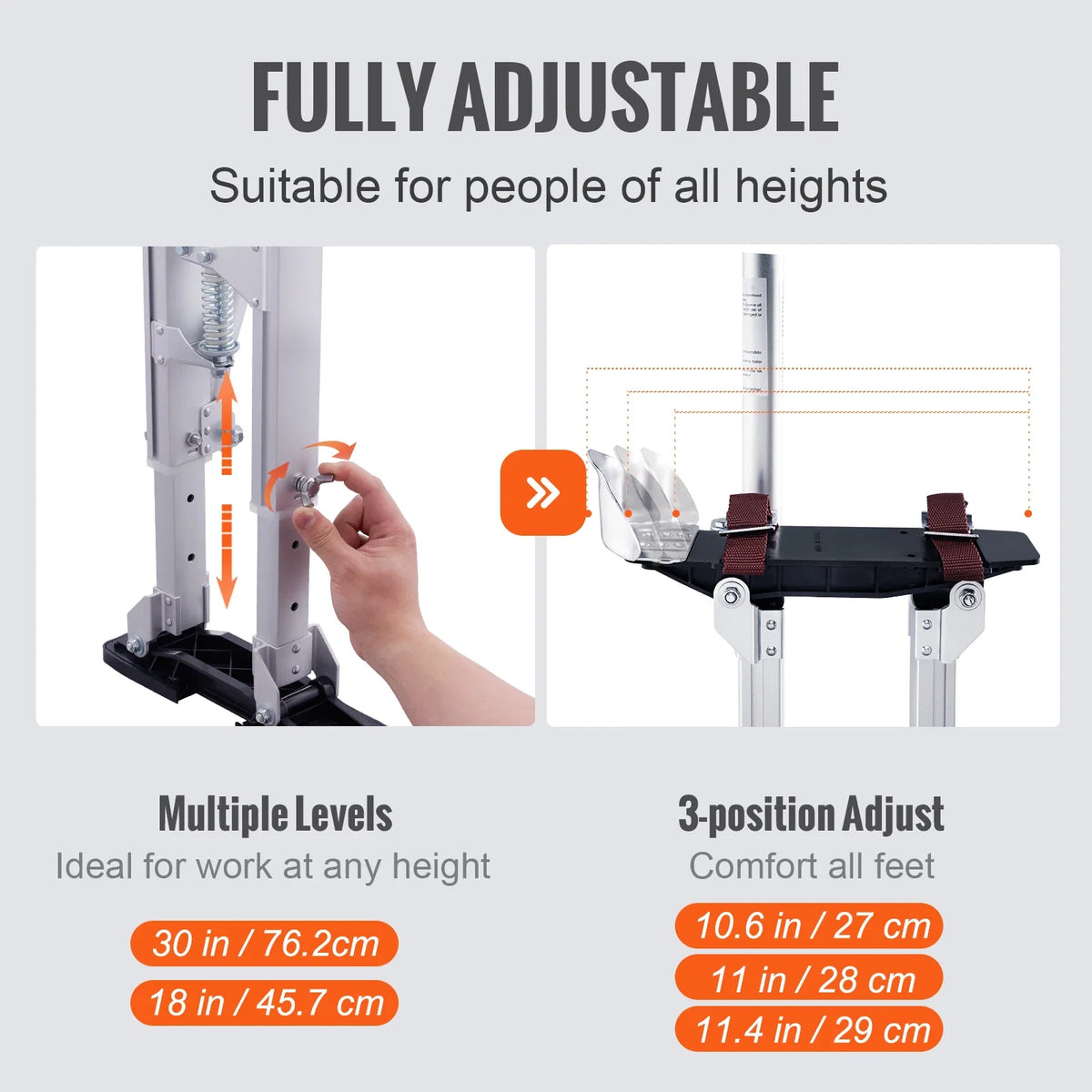 Drywall Stilts 18''-30'' Adjustable Aluminum Tool Stilts with Protective Knee Pads Non-Slip Work Stilts for Home