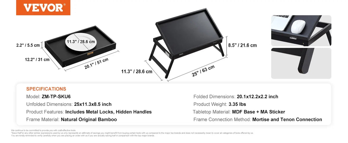 Bamboo Bed Tray Laptop Table with Foldable Legs,Mini Stand Lap Desk/Table,Multifunction Snack/Breakfast Tray Bed Table